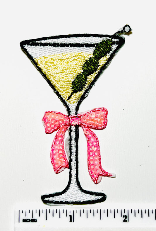 Martini Glass Patch with Pink Sequins Bow – Embroidered Iron-On Applique