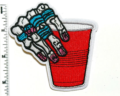 Skeleton Hand Red Solo Cup Patch, Funny Drinking Iron On Patch