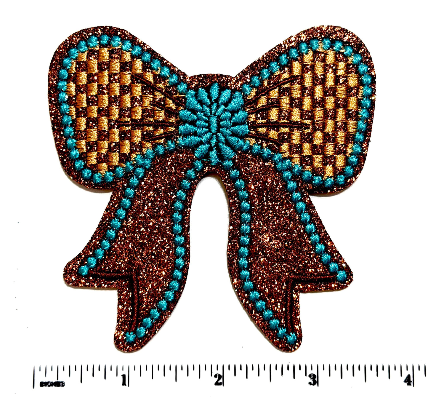 Turquoise & Checkered Brown Glitter patches, Bow and Star - Iron On DIY Applique