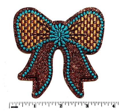 Turquoise & Checkered Brown Glitter patches, Bow and Star - Iron On DIY Applique
