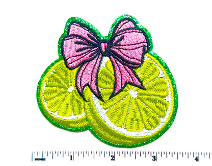 Lime Slice Embroidered Patch with Pink Bow – Glitter Iron-On Applique
