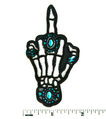 Skeleton middle finger with turquoise jewelry - Embroidered Iron On Patch 3.25”