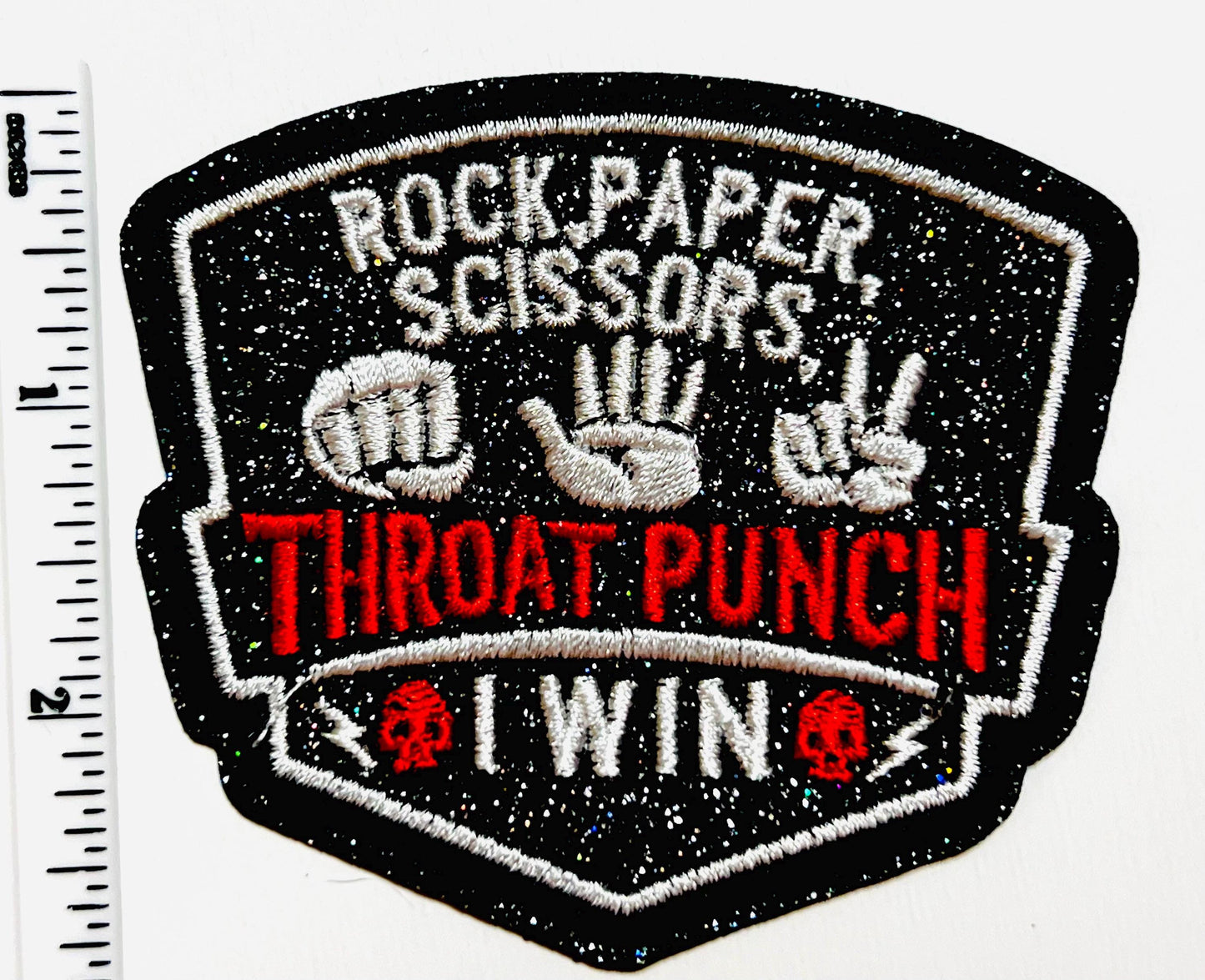 Rock, Paper, Scissors, Throat Punch, I Win patches - Embroidered DIY Iron on patch