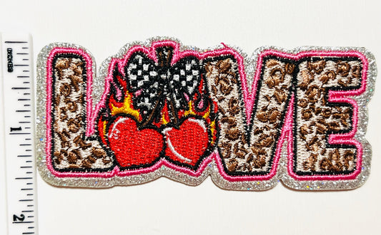 Love with checkered bow and cherries patch - Embroidered DIY Iron on patch