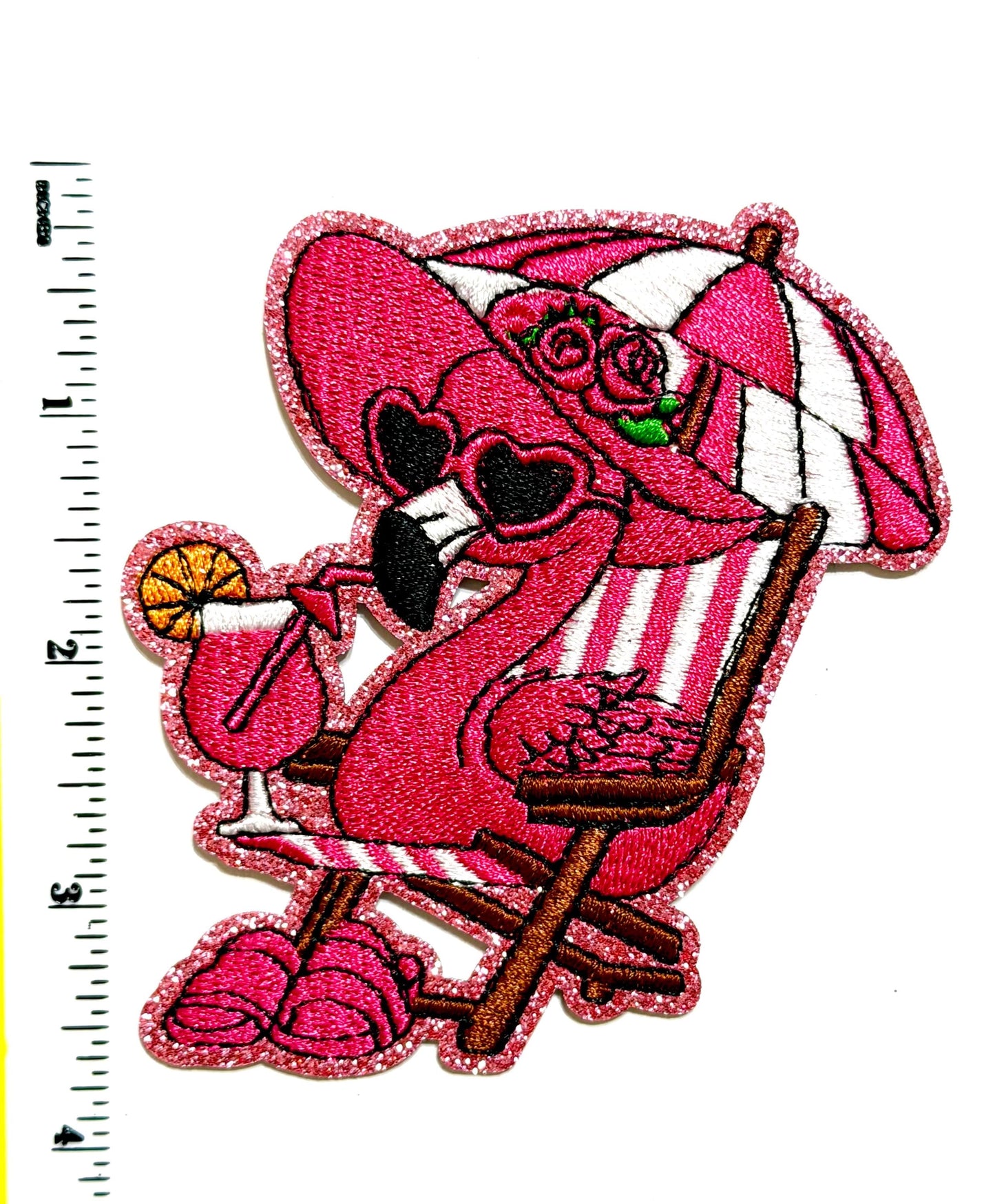 Pink Flamingo Cocktail Beach Patch, Glitter Summer Iron-On Applique