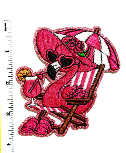 Pink Flamingo Cocktail Beach Patch, Glitter Summer Iron-On Applique