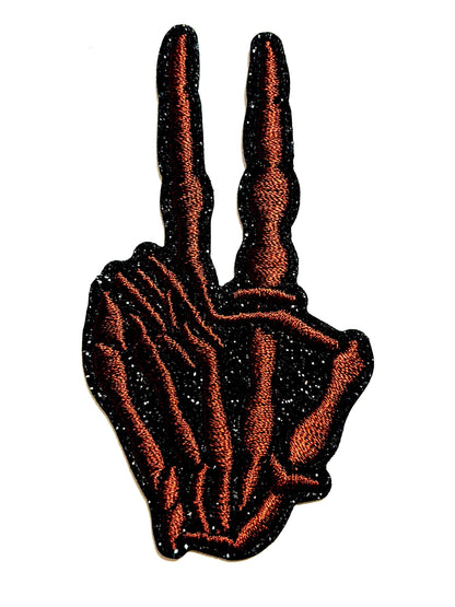 Skeleton Hand peace sign patch - Embroidered Iron on patch 3.25”