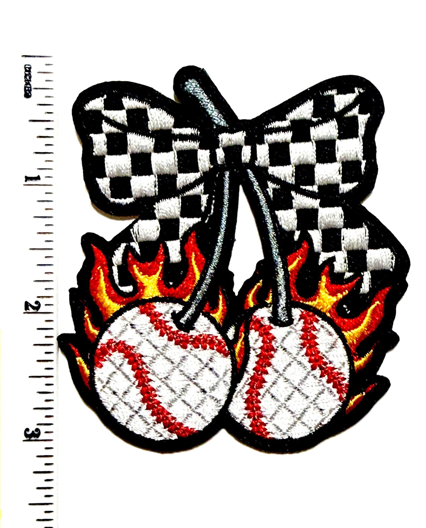 Baseball cherries with checkered bow and flames 3”