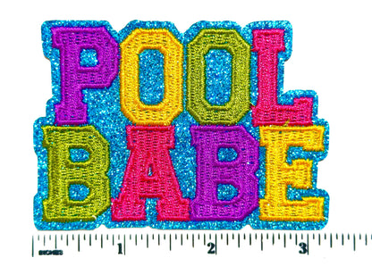 Pool Babe - Embroidered Iron on patch with blue glitter outline
