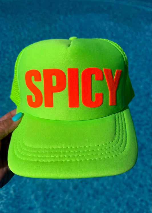 Neon Green SPICY Trucker Hat | Orange Puff Letters Summer Snapback