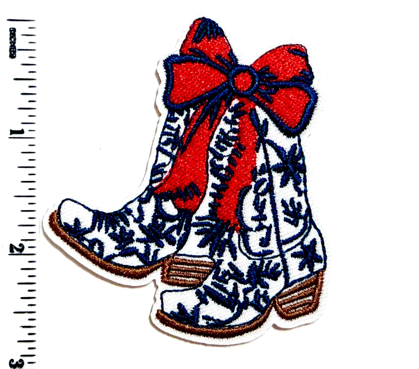 Patriotic Cowboy Boots Patch – Red Bow, Blue Detail 2.75"