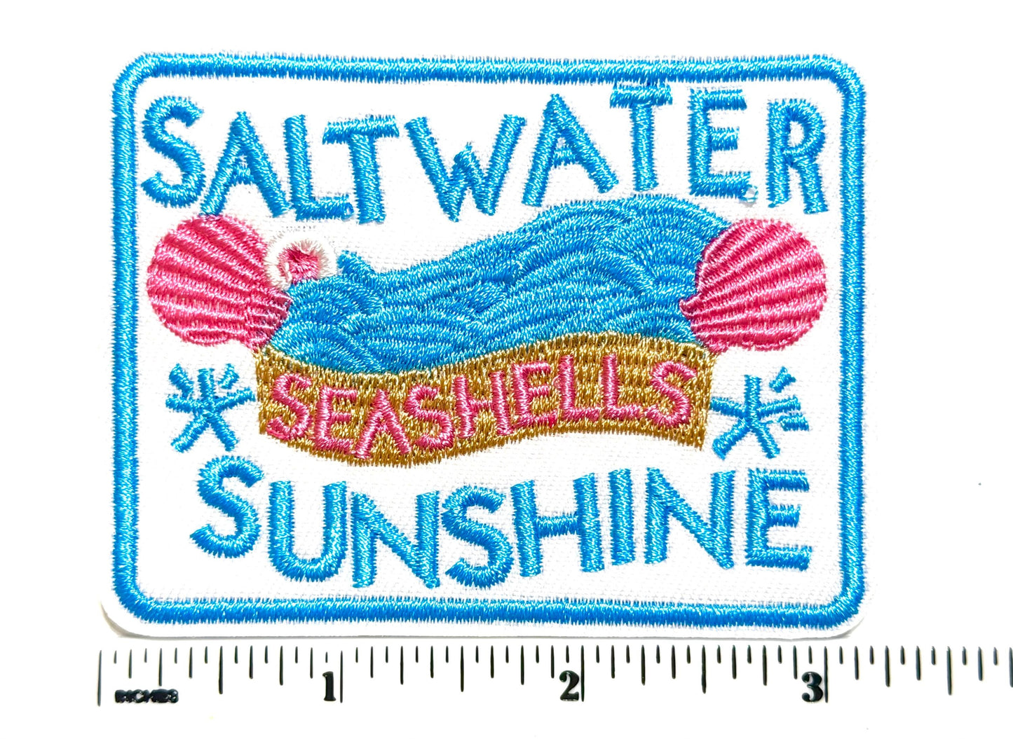 Saltwater, seashells, sunshine – Embroidered Iron On Patch 3”