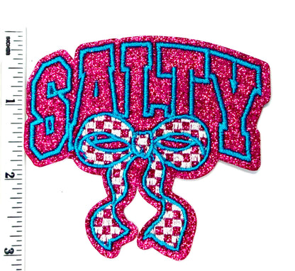 Salty with hot pink glitter and checkered bow patch - Embroidered iron on appliqué
