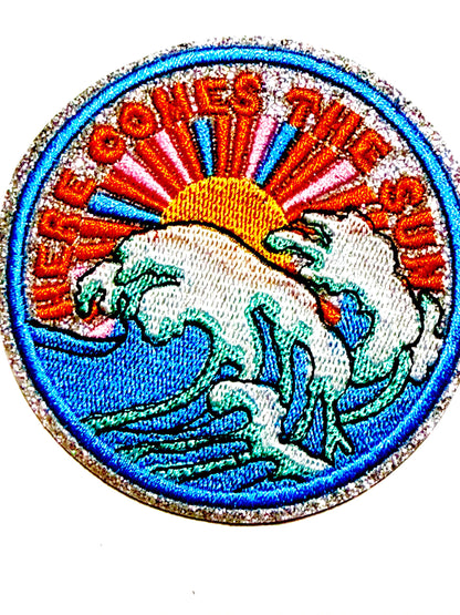 Here comes the sun - Embroidered DIY Iron on patch with glitter 3.5”