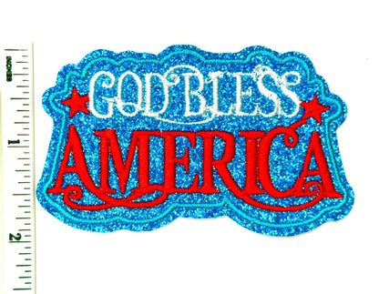 God Bless America with blue glitter - Embroidered Iron on patch 3.5”