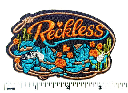 Reckless Skeleton Cowgirl patch - Embroidered DIY Iron on patch 3.5”