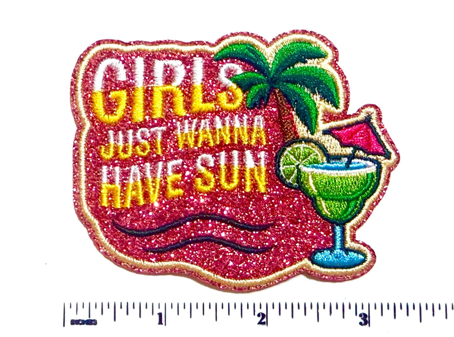 Girls Just Wanna Have Sun Glitter Cocktail & Palm Tree - Embroidered Iron-On Patch 3.25”