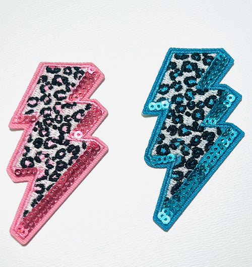 Lightning Bolt Leopard Print with Sequins outline - Iron on patch
