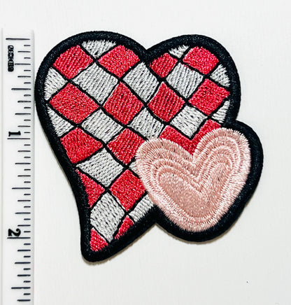 Checkered Heart - Embroidered Iron on patch 2.5”