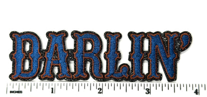 Darlin’ patch - Embroidered Iron on patch with black glitter 4” x 1”