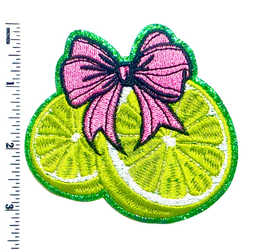 Lime Slice Embroidered Patch with Pink Bow – Glitter Iron-On Applique
