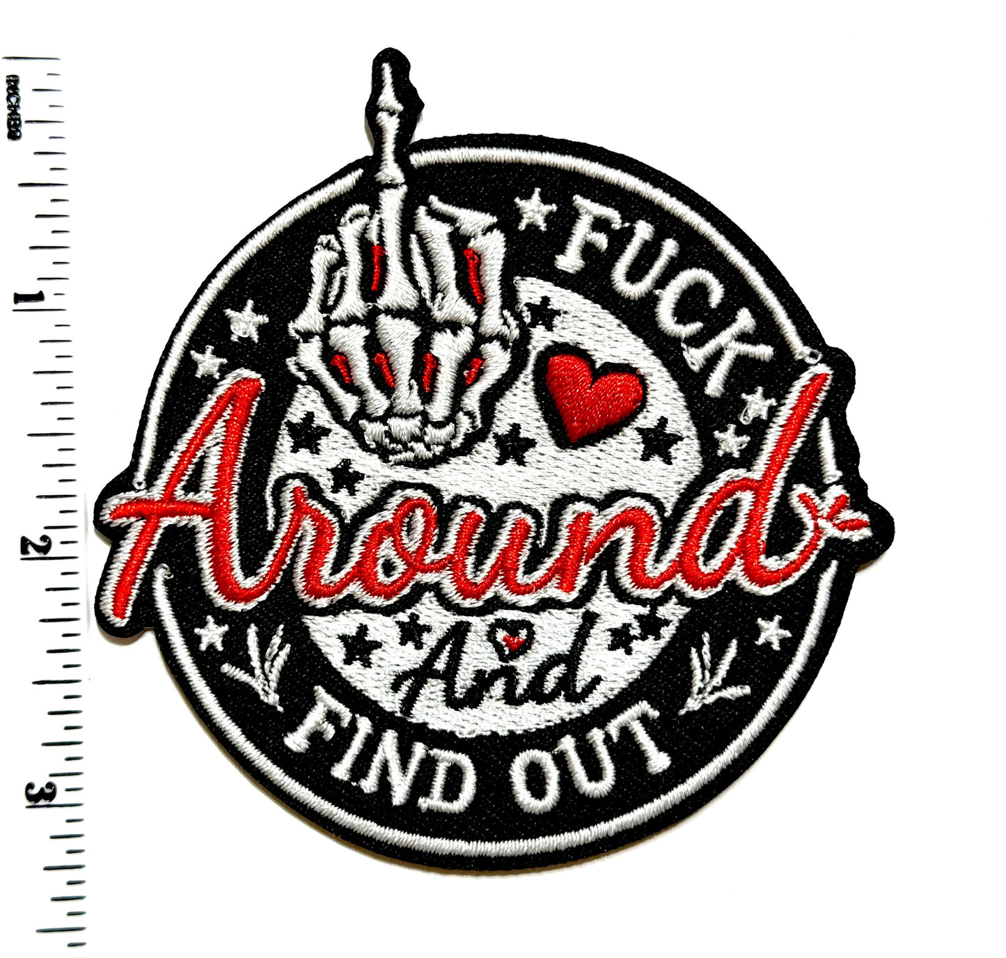 Fuck around and find out, Skelly middle finger - Embroidered Iron on patch 3.5”