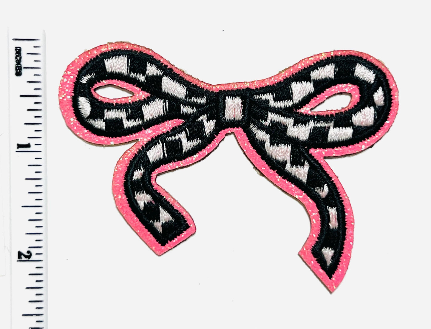 Checkered bow with pink glitter outline patch - Embroidered DIY iron on patch
