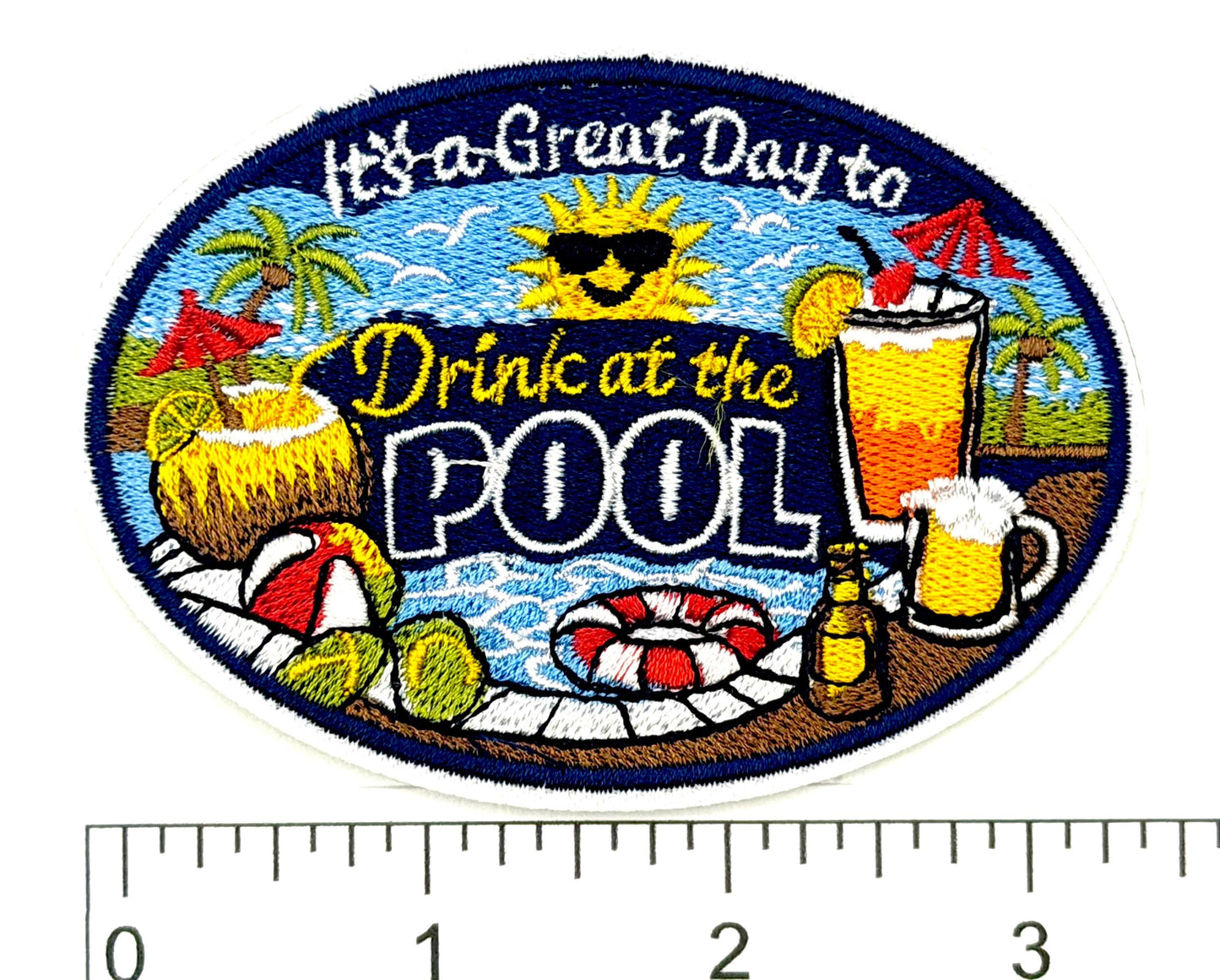Embroidered Drink at the Pool Patch – Iron-On Applique, 3.25" Oval