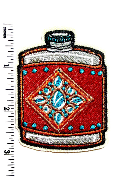 Whiskey Flask Turquoise & red Iron-On Patch 3”