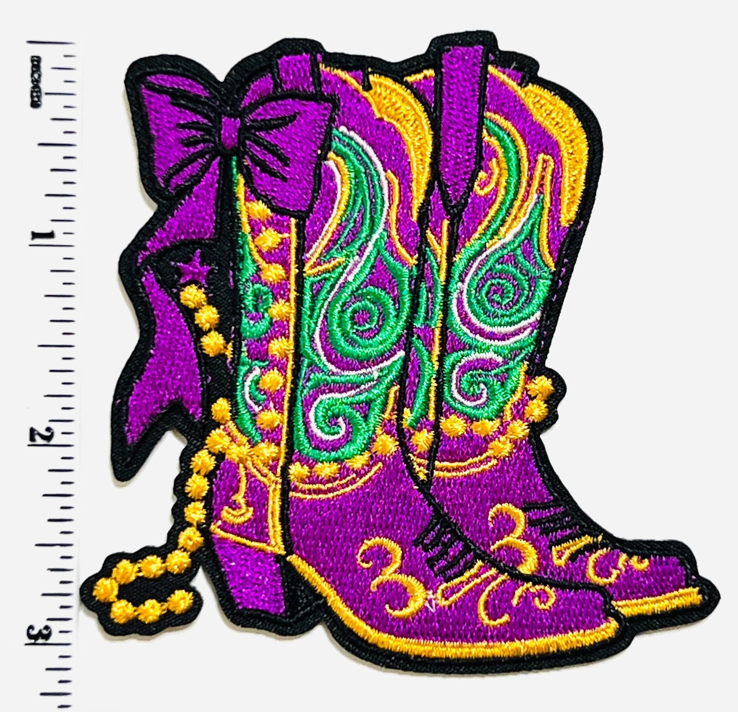 Mardi Gras Cowgirl Boots patch - Embroidered Iron on patch 3”