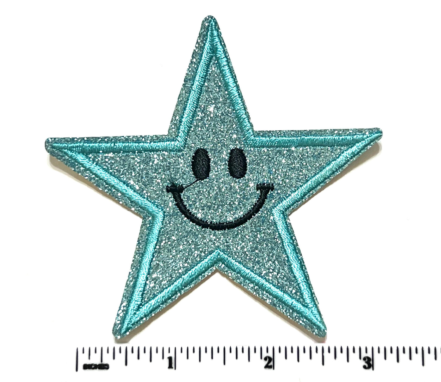 Smiley face teal glitter - Embroidered Iron on patch