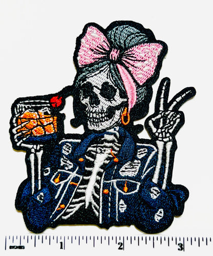 Skeleton Girl with whiskey, bow & earrings - Embroidered Iron on patch 3.5”