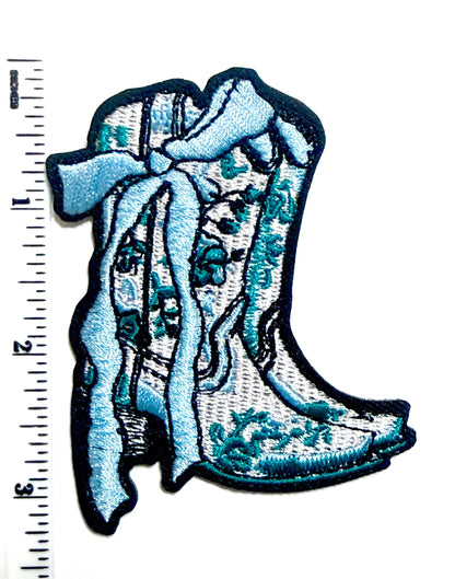 Cowgirl Boot patches - Embroidered DIY Iron on patch with blue bow