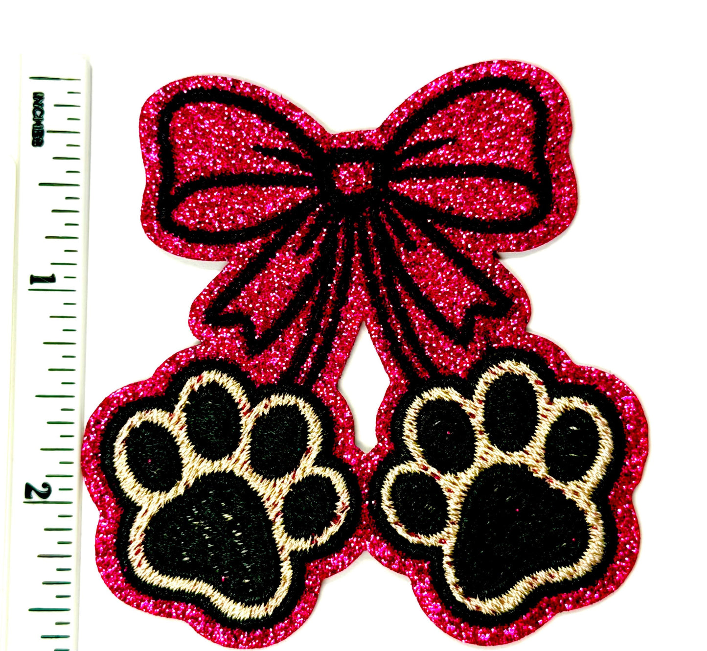 Pink glitter Bow with Paw Prints - Embroidered DIY Iron On Patch 2.75