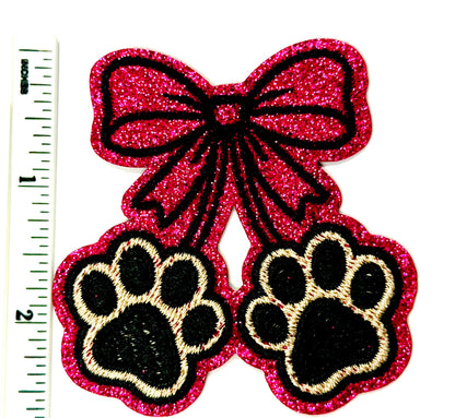 Pink glitter Bow with Paw Prints - Embroidered DIY Iron On Patch 2.75
