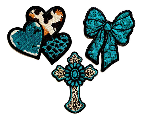 Turquoise & Leopard Print patches, Hearts, Cross and Bow - Embroidered Iron On Patches