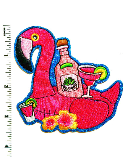 Pink Flamingo Float with Cocktail – Glitter Embroidered Iron-On Patch 3.5”