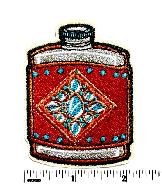 Whiskey Flask Turquoise & red Iron-On Patch 3”