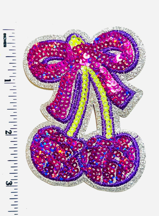 Sequin Cherries with Bows - Sequined DIY Iron on patches