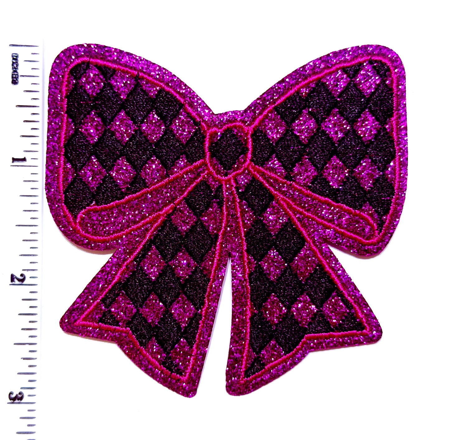 Purple bow with harlequin print glitter patch - Embroidered & Glitter Iron on patches