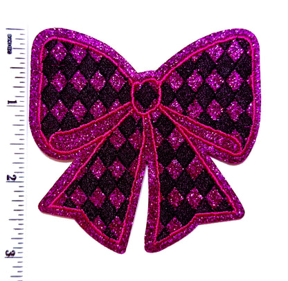 Purple bow with harlequin print glitter patch - Embroidered & Glitter Iron on patches