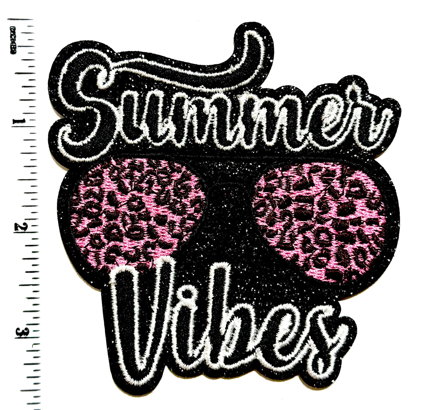 Summer Vibes leopard print sunglasses patch - Embroidered Iron on patch with black glitter