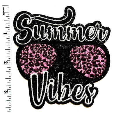 Summer Vibes leopard print sunglasses patch - Embroidered Iron on patch with black glitter