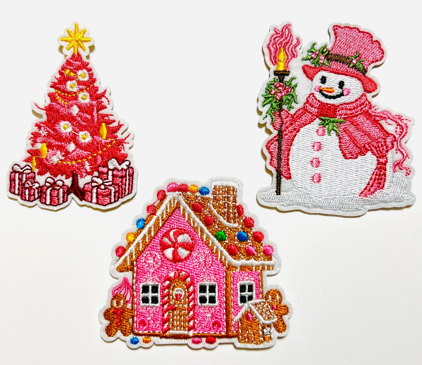 Pink Christmas patches - Embroidered Iron on patches with glitter