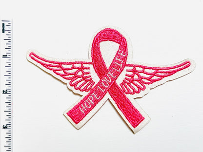 Breast Cancer Awareness Ribbon Patch with Iridescent Angel Wings