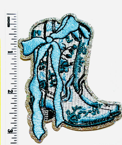 Cowgirl Boot patches - Embroidered DIY Iron on patch with bow and glitter
