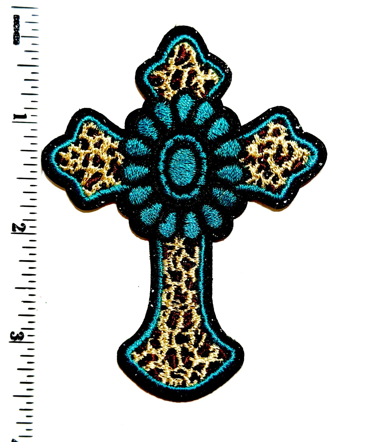 Turquoise & Leopard Print patches, Hearts, Cross and Bow - Embroidered Iron On Patches