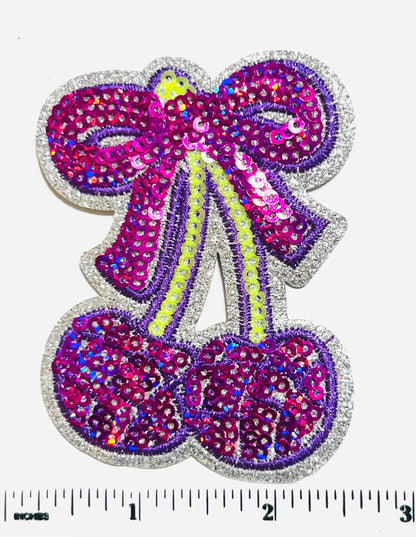 Sequin Cherries with Bows - Sequined DIY Iron on patches