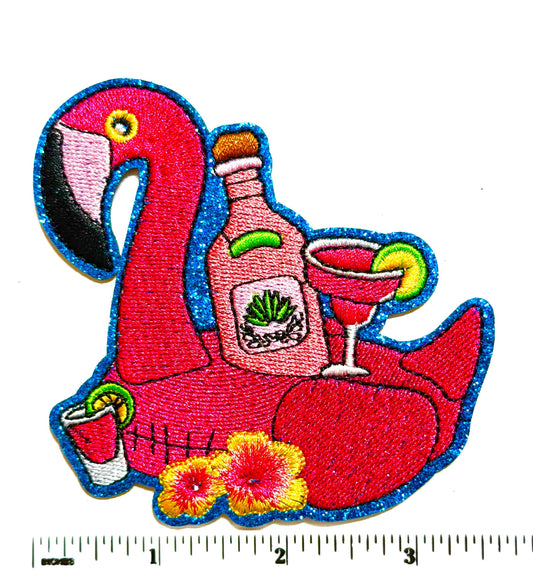 Pink Flamingo Float with Cocktail – Glitter Embroidered Iron-On Patch 3.5”