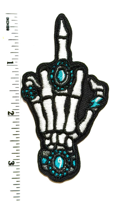 Skeleton middle finger with turquoise jewelry - Embroidered Iron On Patch 3.25”